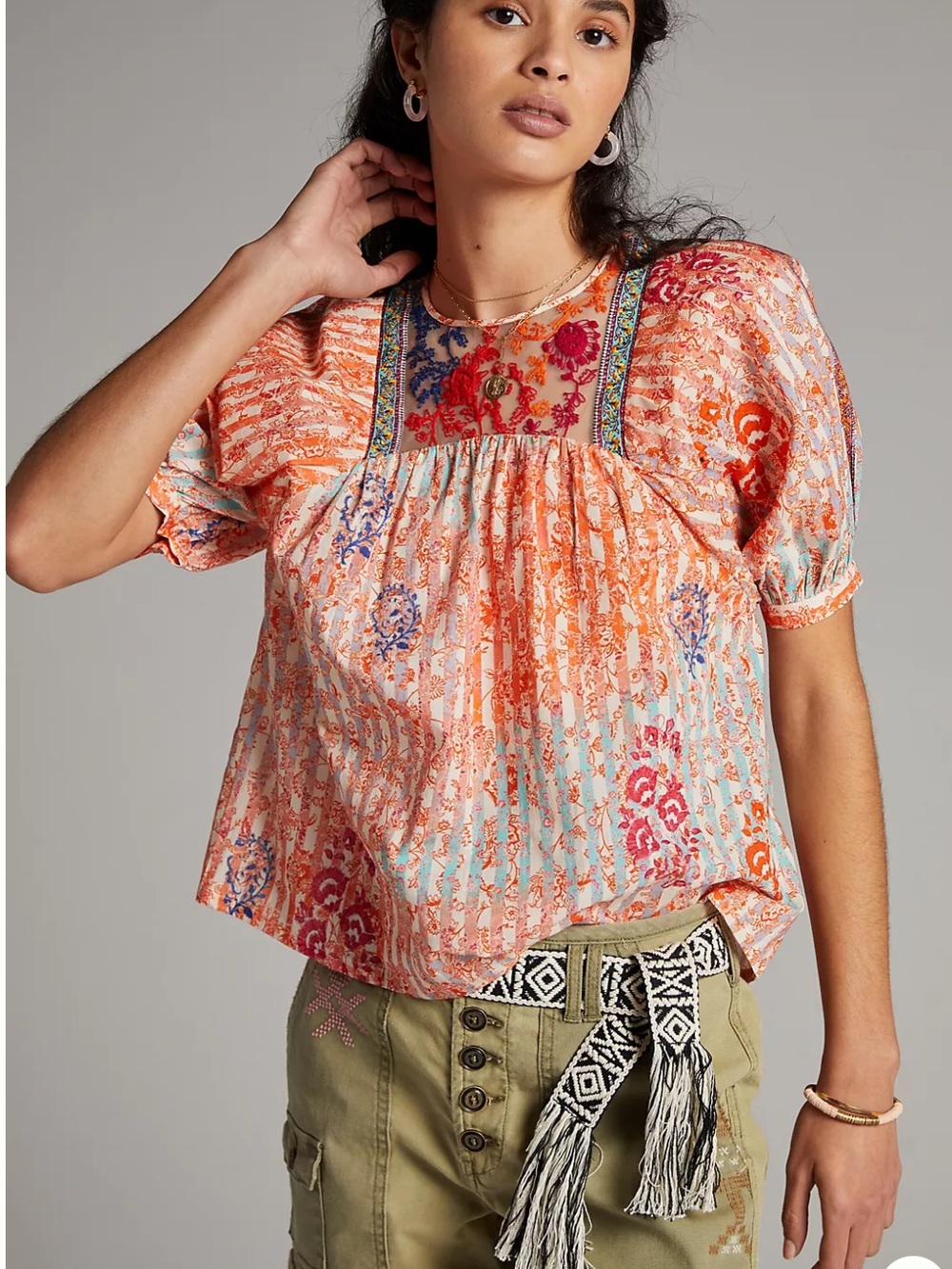 Vineet Bahl Hela Embroidered Puff-Sleeve Blouse in Orange Multi